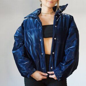 NWT Blue Navy Metallic Cropped Oversized Puffer Coat, Women's Size XS